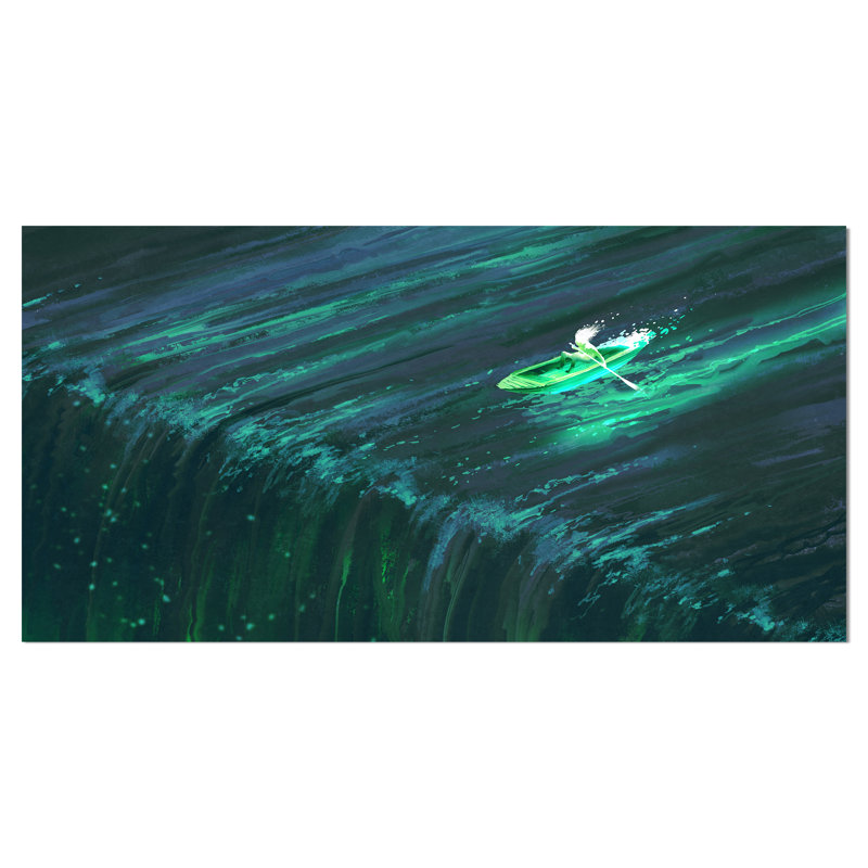East Urban Home Green Boat Near Edge Of Waterfall Print On East Urban Home Green Boat Near Edge