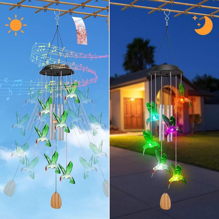 Color-Changing LED Solar Powered Hummingbird Wind Chime Lights Yard Garden Decor 