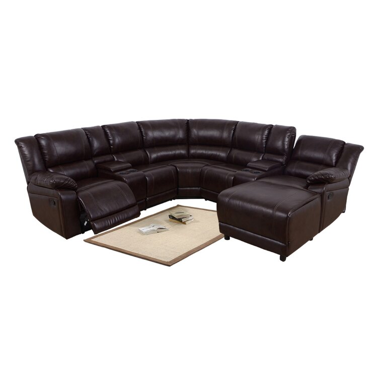 Brown Large Bonded Leather Sectional Sofa with Reclining End Seats
