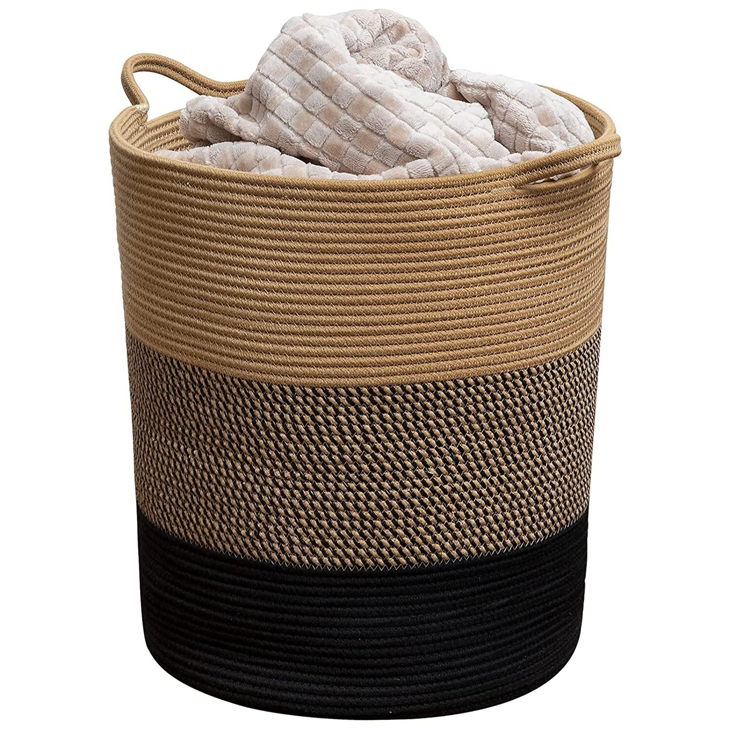 Tall Gray White Cotton Rope Laundry Basket for Girls Mono Living Boho Decor Organizing Nursery Rope Basket for Storage Baby Toy Room Bedroom Organizers and Storage Soft Modern Wide Laundry Basket 