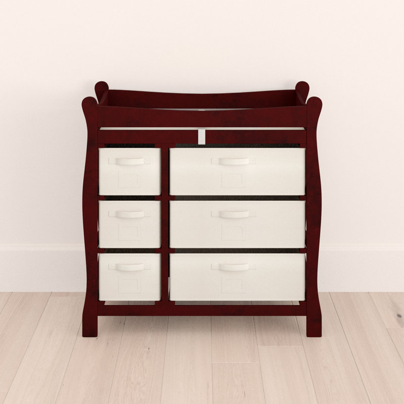 sleigh style baby changing table with 6 storage baskets and pad