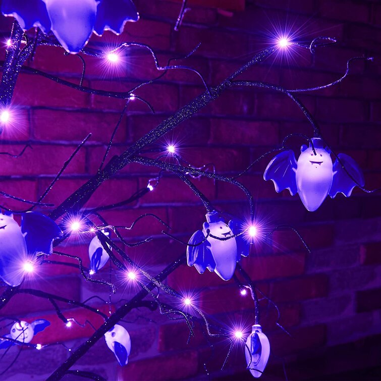 Twinkle Star 4FT Halloween Decorations Black Spooky Tree 24V 3.6W Low Voltage Lighted Artificial Tree Decor for Indoor Holiday Party All Saints Day Glittered with 48 LED Purple Lights and 12 Bats