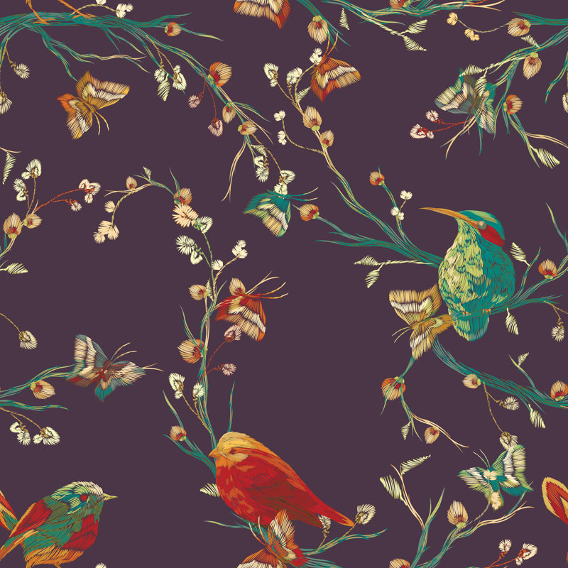 Charlton Home® Mauve with Birds 10’ L x 24" W Peel and Stick Wallpaper Roll