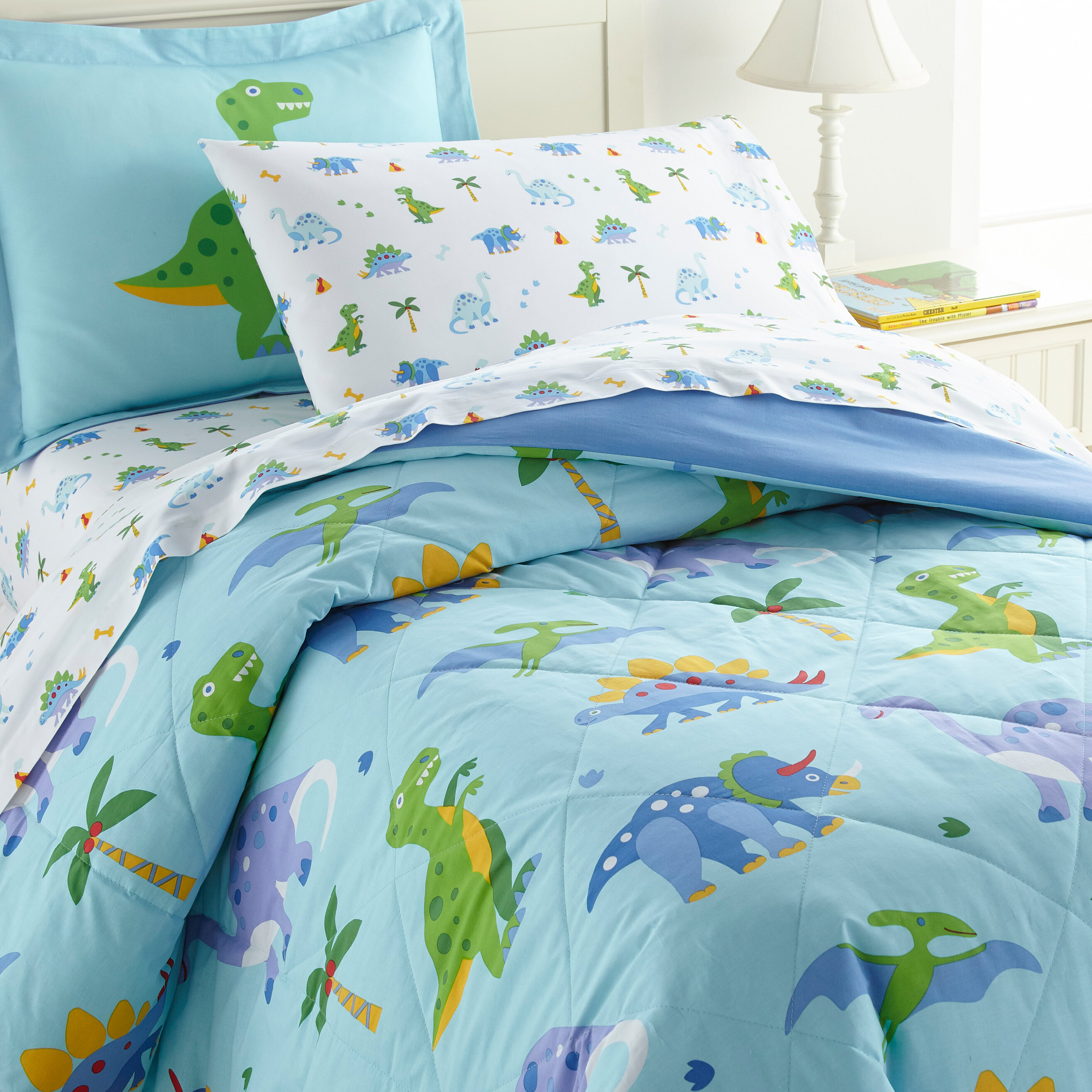 Bed in a Bag 7 Pieces Queen Size Reversible Bed Comforter Set for All Season Blue Dinosaur Print 1 Comforter, 2 Pillow Shams, 1 Flat Sheet, 1 Fitted Sheet, 2 Pillowcases 