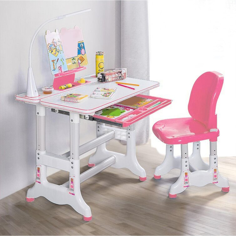 Stand Multifunctional Study Table Workstation for Home//school Students Height Adjustable Children Study Table Pull out Drawer Storage with Tilted Desktop Kids Study Desk and Chair Set Blue