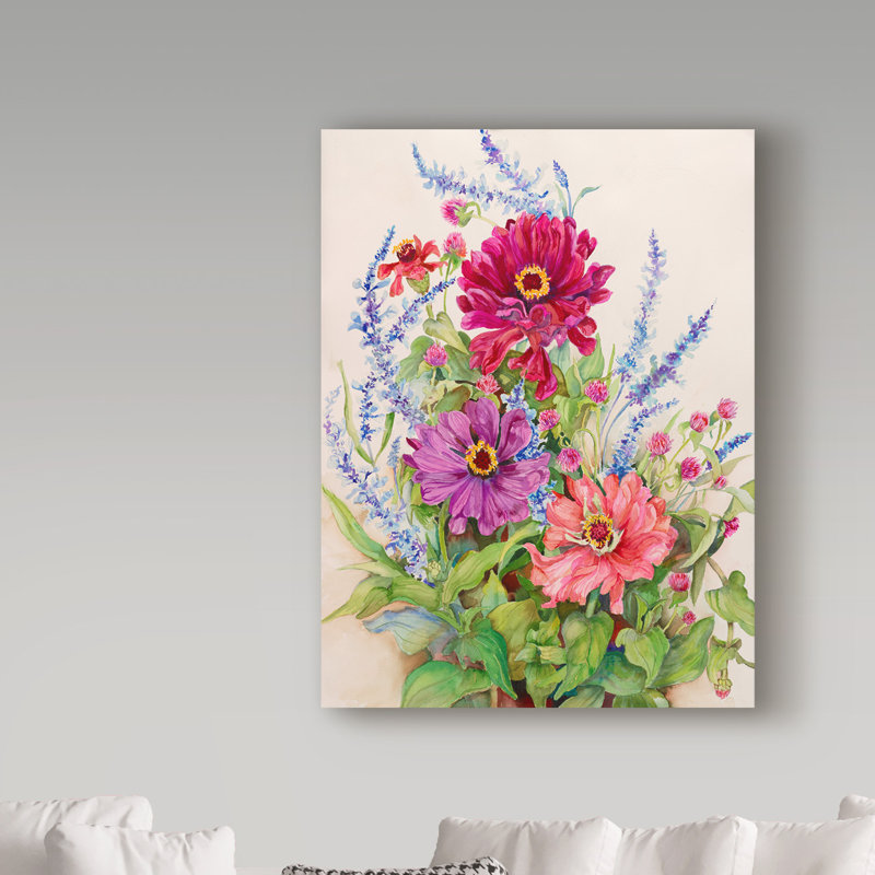 Trademark Art Zinnias And Blue Salvias Acrylic Painting Print On