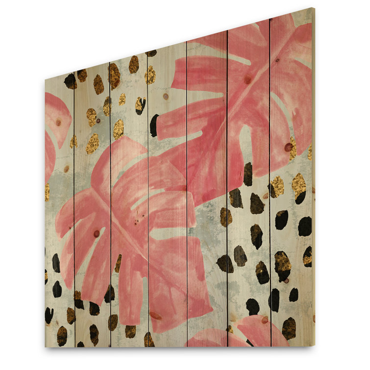 East Urban Home Pink Colored Monstera On Rough Brush Strokes Ii Tropical Print On Natural Pine Wood Wayfair