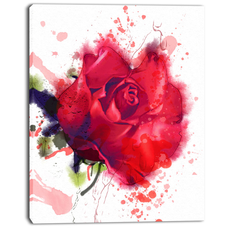 Designart Beautiful Bright Red Rose Painting Print On Wrapped