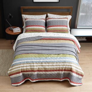 Geometric Quilted Bedspread & Pillow Shams Set Grey Ombre Squares Print