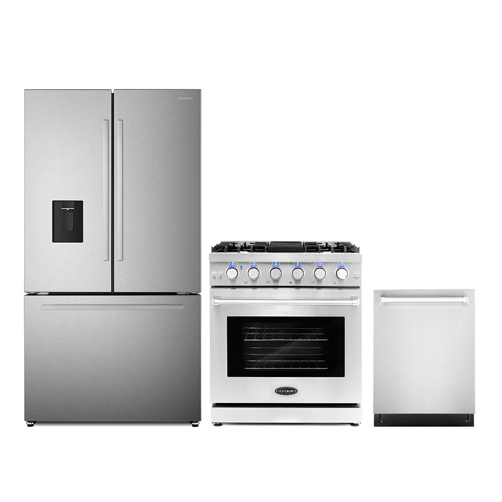 Cosmo 3 Piece Kitchen Appliance Package with French Door Refrigerator ...