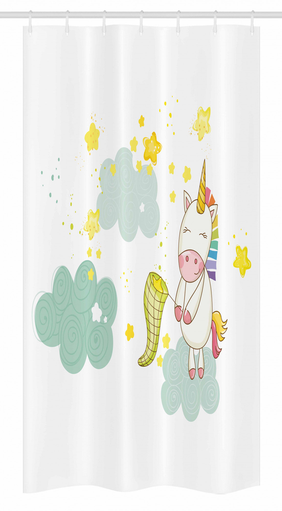 east urban home ambesonne unicorn stall shower curtain baby mystic unicorn girl sitting on fluffy clouds and hunting nursery image print fabric bathroom decor set with hooks 36 x 72 green yellow ebjf8816
