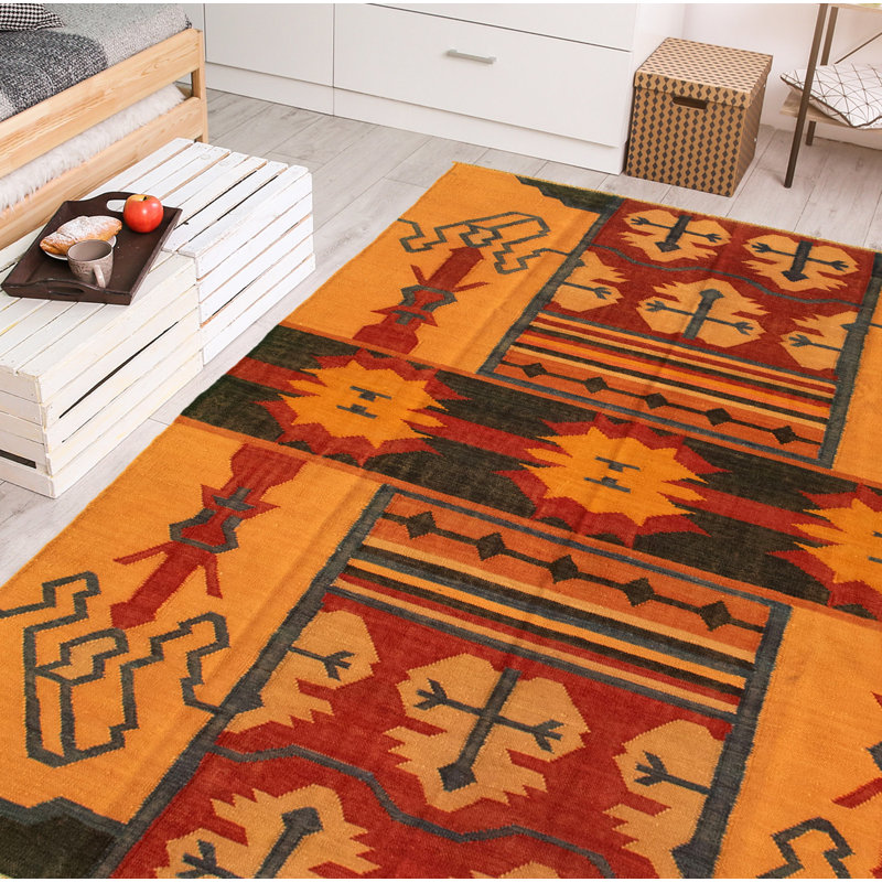 Bloomsbury Market Aglae Handmade Kilim Wool Dark Red Orange Green Rug Wayfair