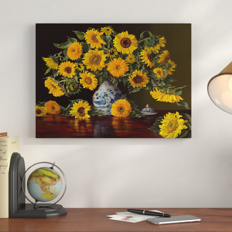 Charlton Home Impression De Peinture Acrylique Tournesols En Vase Bleu Et Blanc Sur Toile Enveloppee Wayfair Ca