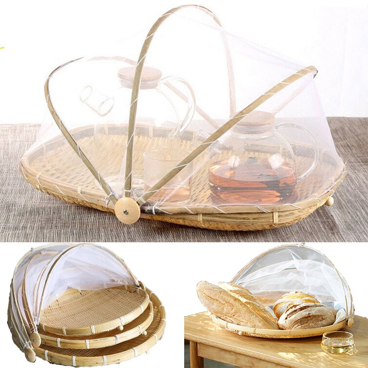 Bamboo Tent Basket Hand Woven Tray Anti Bug Food Fruit Container Net Cover