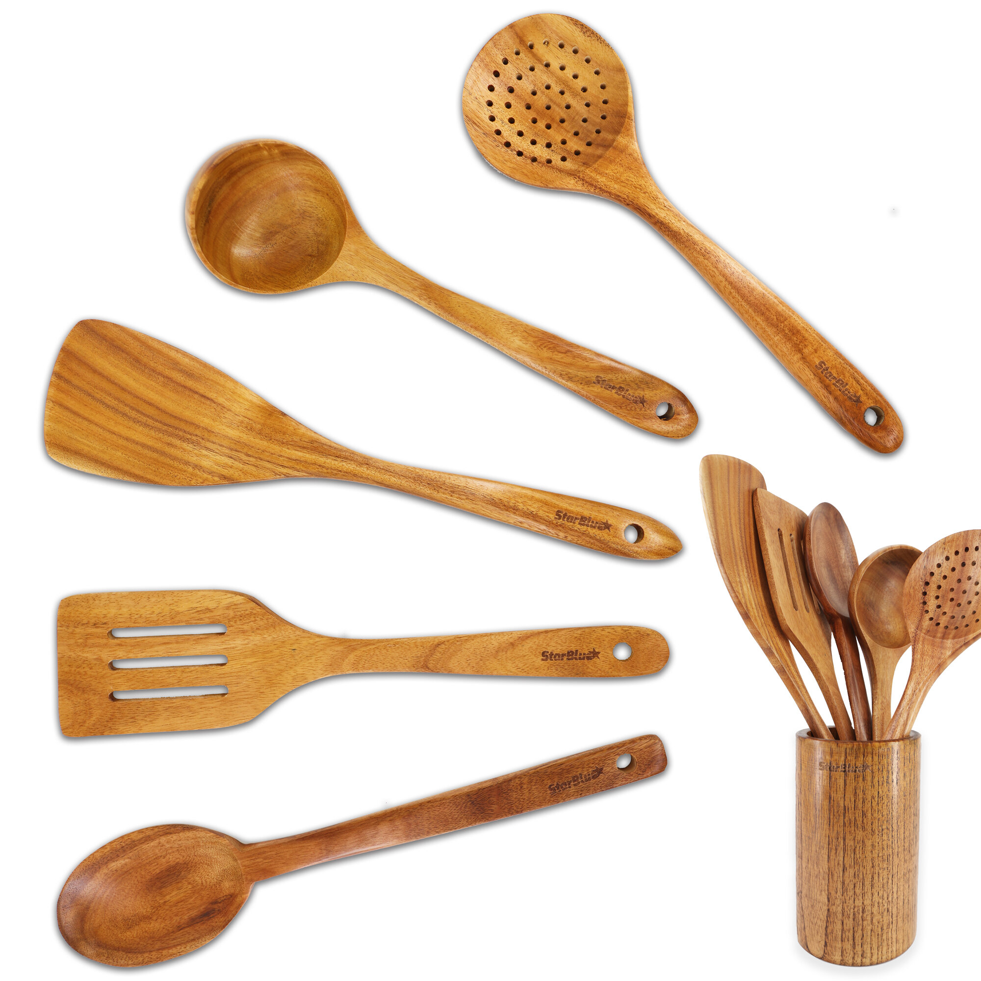 Non-Scratching and Durable Spatulas for Non-Stick Cookware 6 Pieces Acacia Wooden Cooking Utensils Set by StarBlue Eco-Friendly and Ergonomic Wooden Spatula and Spatula Holder Set