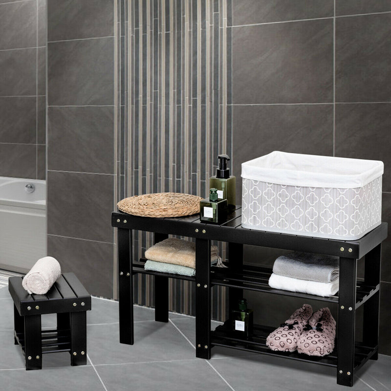 Latitude Run Bamboo Shoe Rack Bench With Stool Entryway 3 Tier Storage Organizer Black Reviews