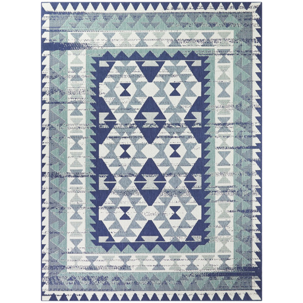 Union Rustic Pranav Geometric Navy Teal White Indoor Outdoor Area