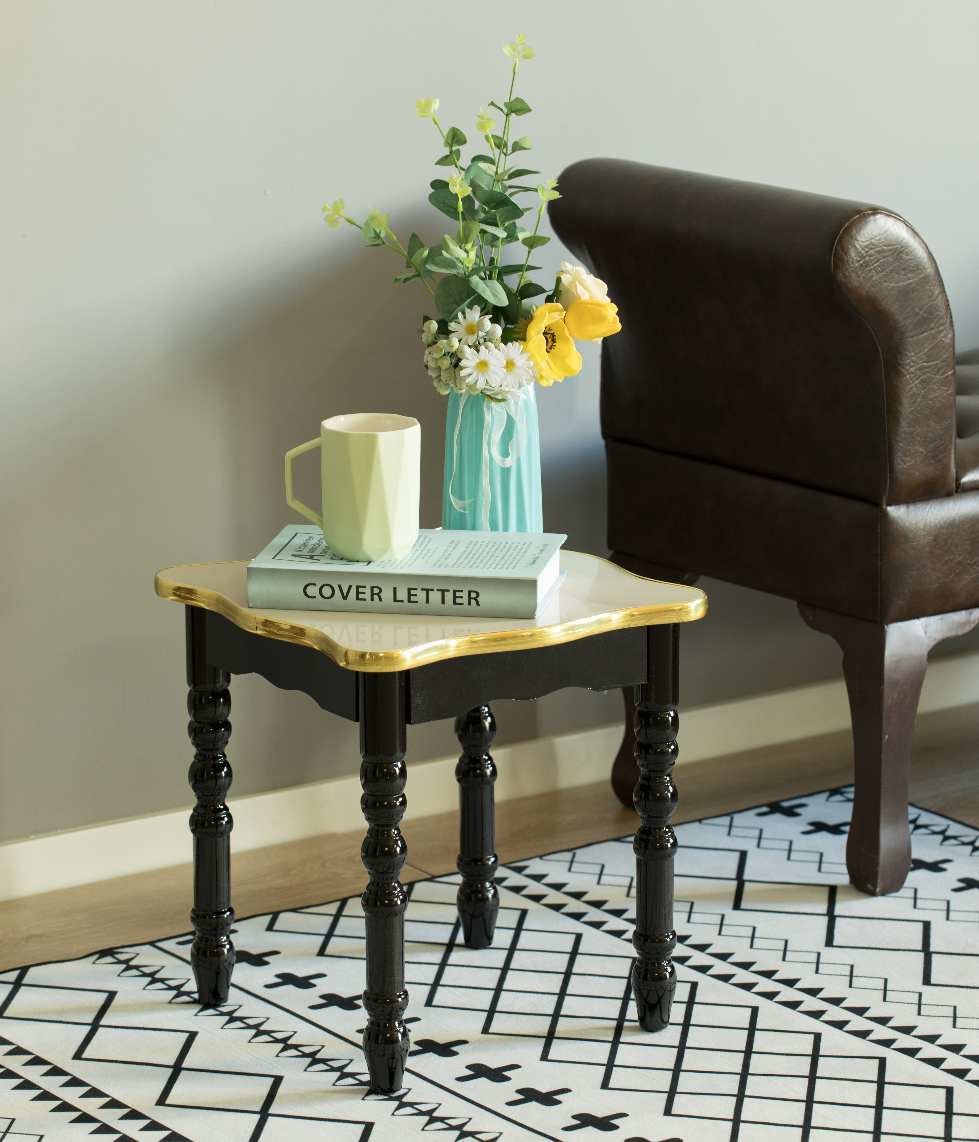 Square Wooden Side Table, Living Room Accent End Table, Gold And Brown Square Wooden Side Table, Living Room Accent End Table, Gold And Brown