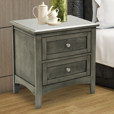 26 Inch Rustic 2 Drawer Wood Nightstand, Molded Trim, Grain Details, Gray