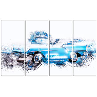 Designart Baby Blue Vintage Car 4 Piece Painting Print On Wrapped
