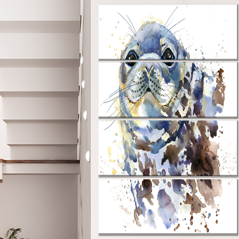 Designart Blue Marine Seal Watercolor 4 Piece Painting Print On
