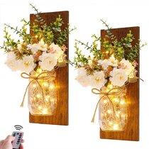 8Modes 20Led Hang Garden Lanterns with 2 Set of Remote Control Mason Jar Wall Lights Artificial Flower Retro LED Wall Sconce Ideal for Loft Kitchen Living Room Home Garden Bar Brown LED Light