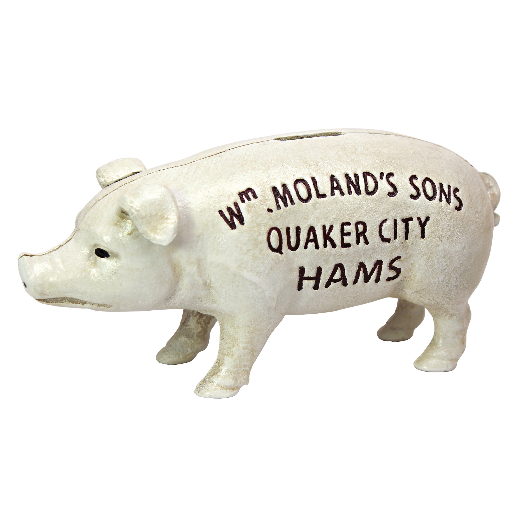 VINTAGE STYLE Wm MOLAND'S SONS QUAKER CITY HAMS CAST IRON PIG HOG PIGGY BANK 