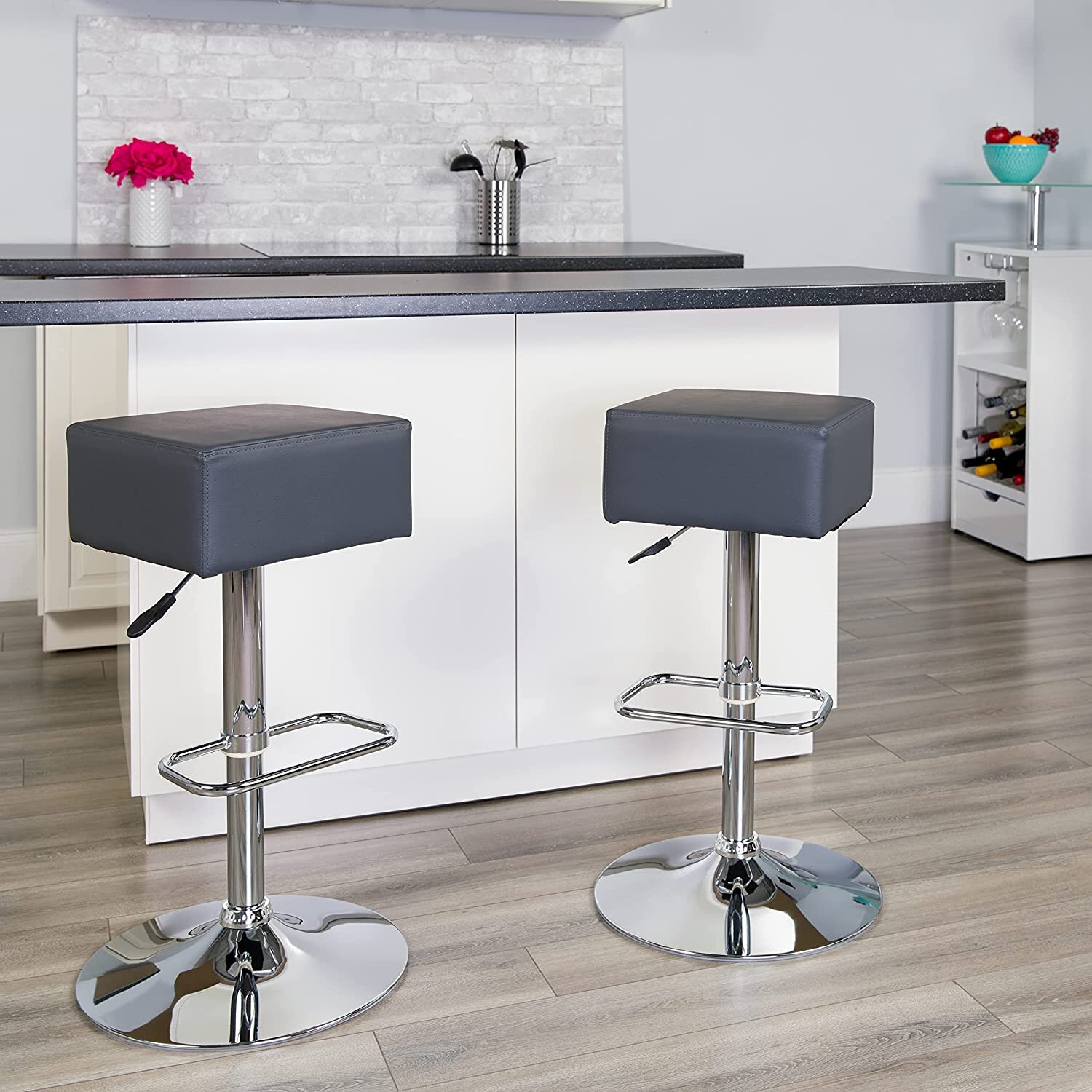 Contemporary White Vinyl Adjustable Height Bar Stool with Arms and Chrome Base 