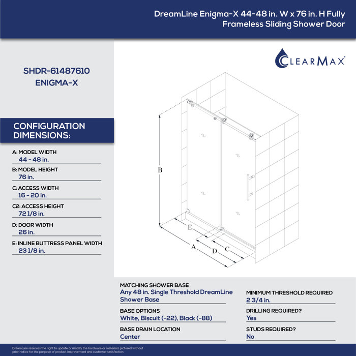 Dreamline Enigma X 48 X 76 Single Sliding Frameless Shower Door