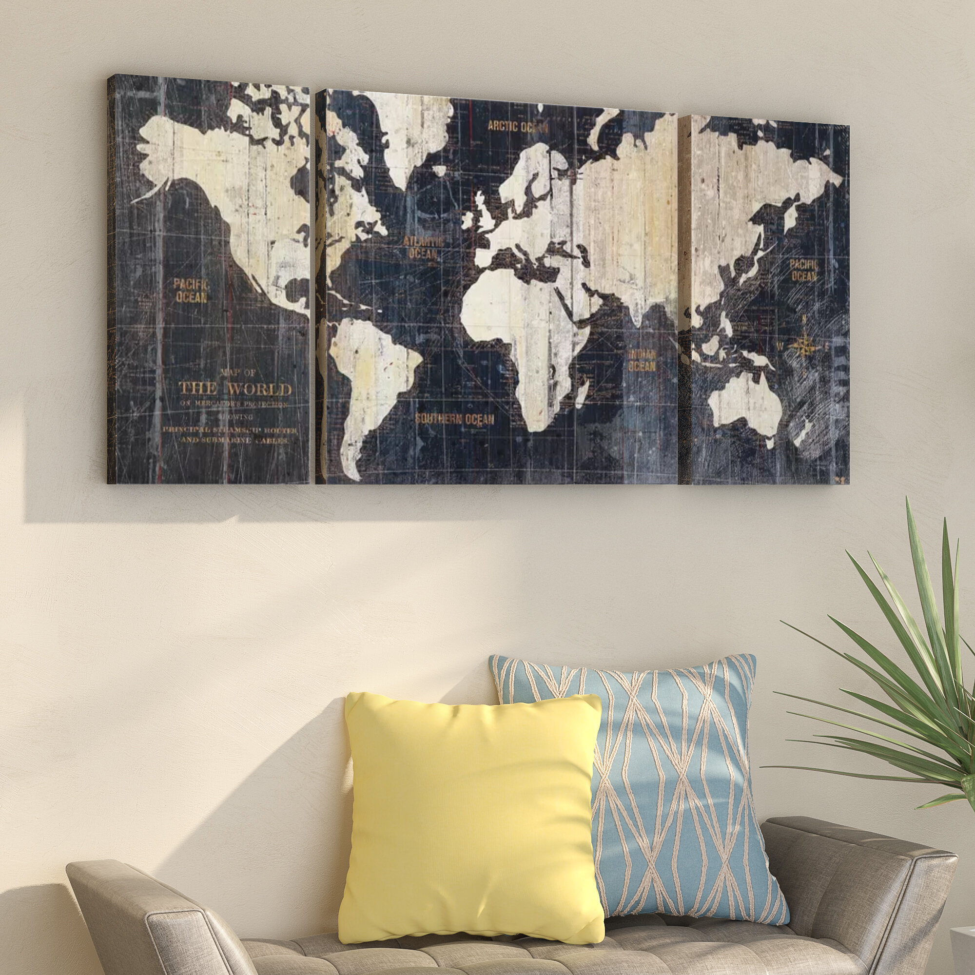 Wrought Studio Old World Map Blue 3 Piece Wrapped Canvas
