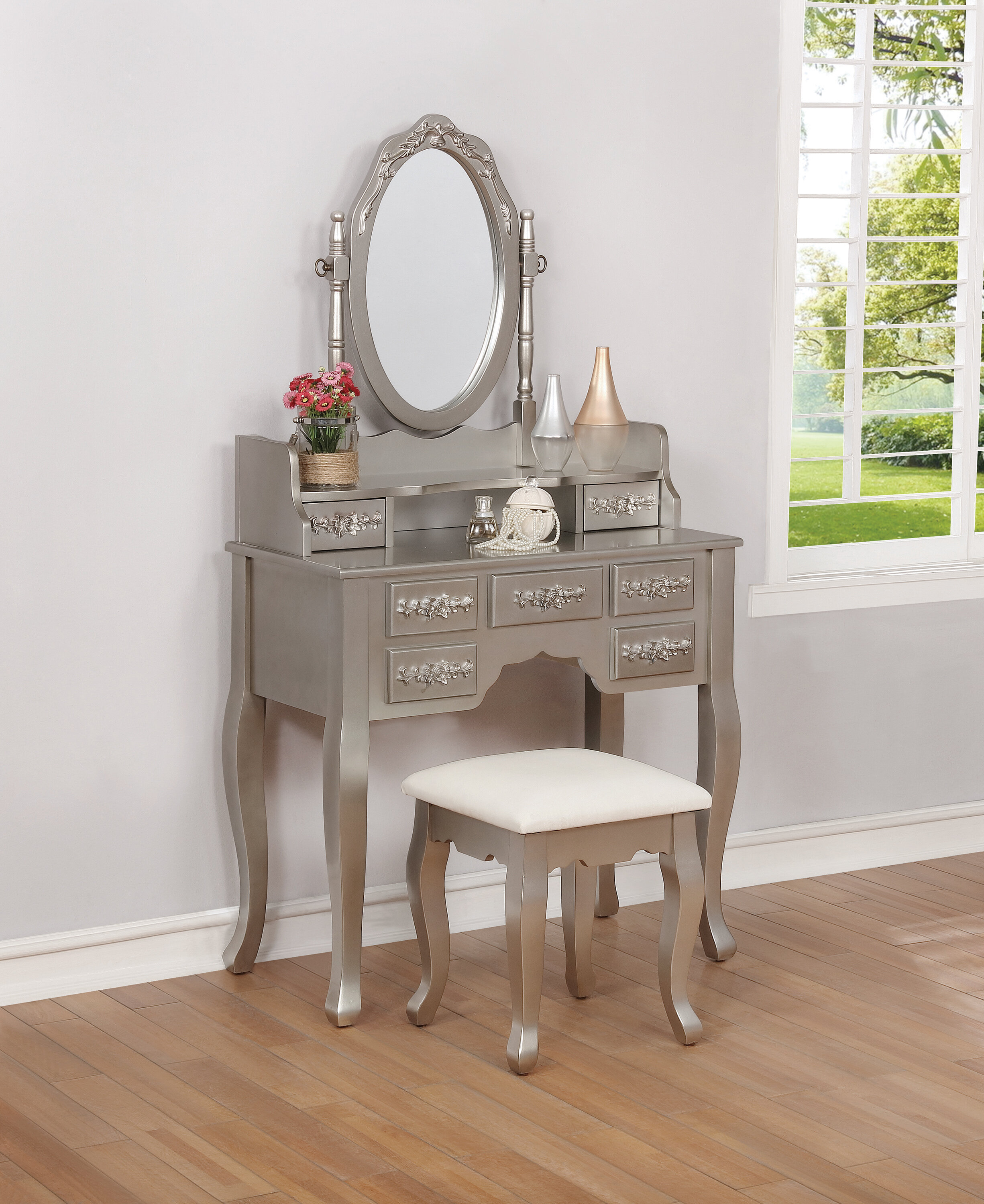 Rosdorf Park Orrwell Metallic Vanity Set With Stool And Mirror Wayfair