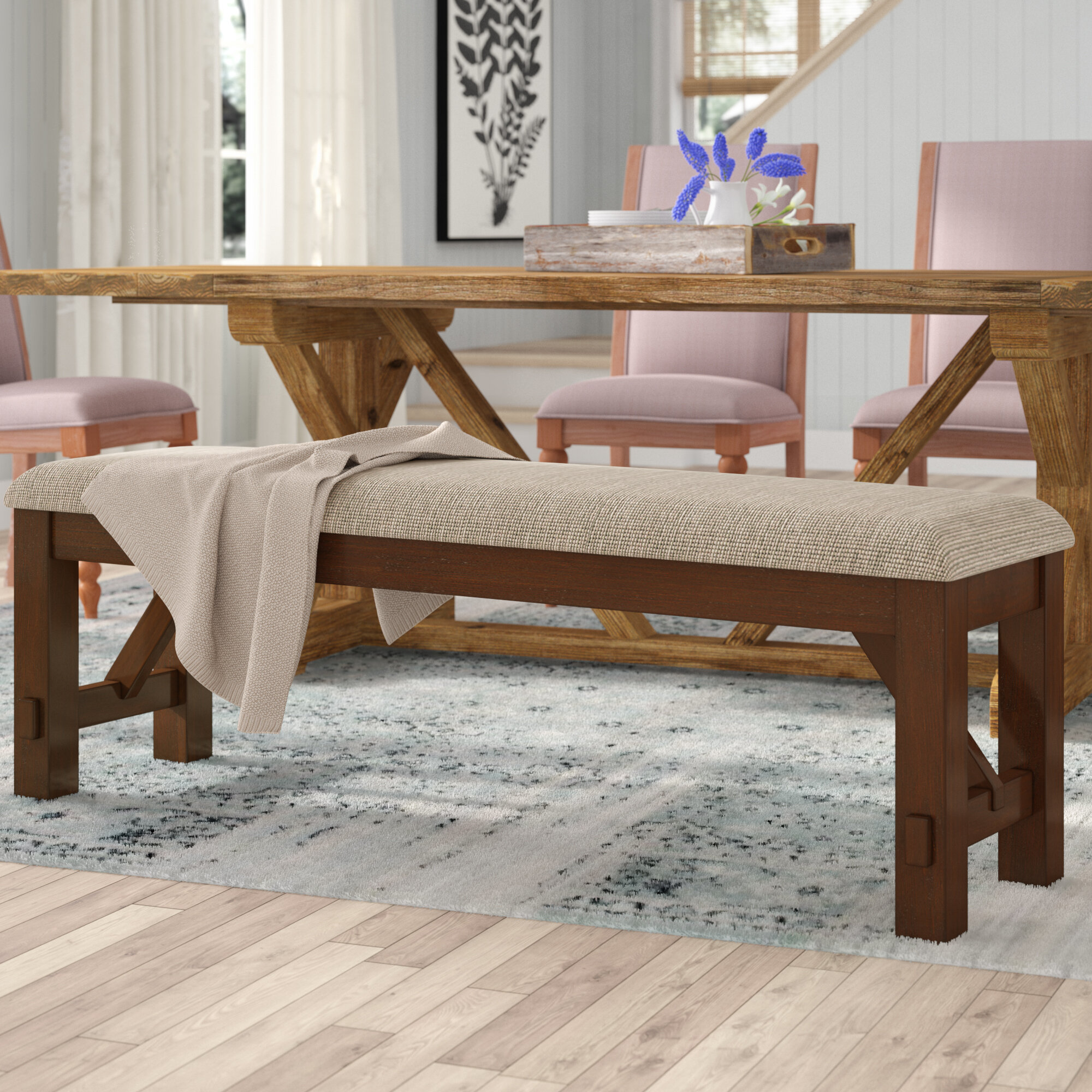 farmhouse table with upholstered bench