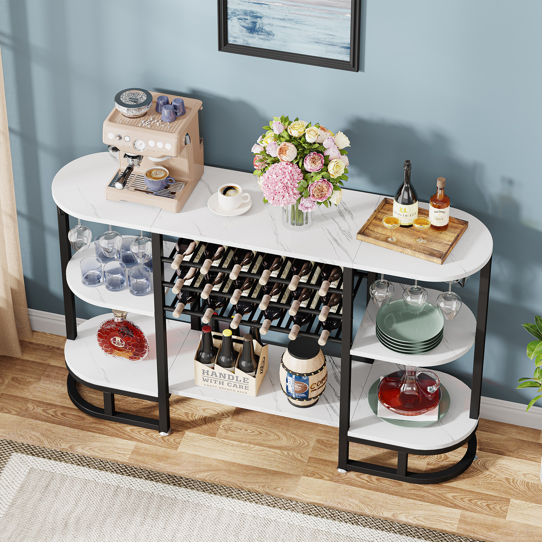 Ebern Designs Ceasario Wine Rack Table with Glass Holder with 18