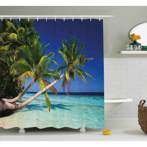 Beach Island Palm Tree Bathroom Shower Curtain 12 Hooks Polyester Waterproof