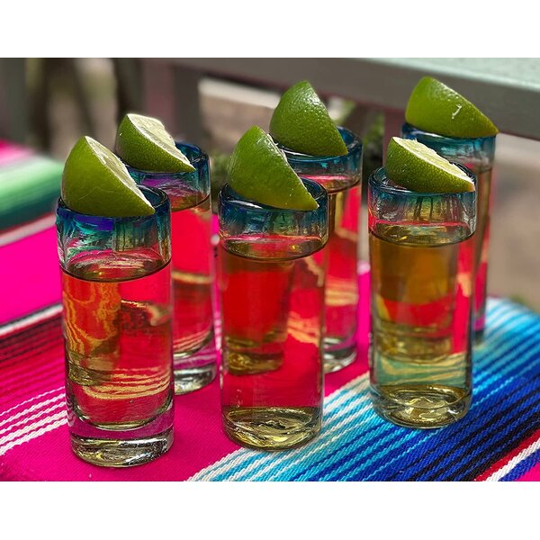 Set of 4 Mexican Hand Blown Glass Artisanal Tequila Mezcal Shot Glasses Blue Rim 