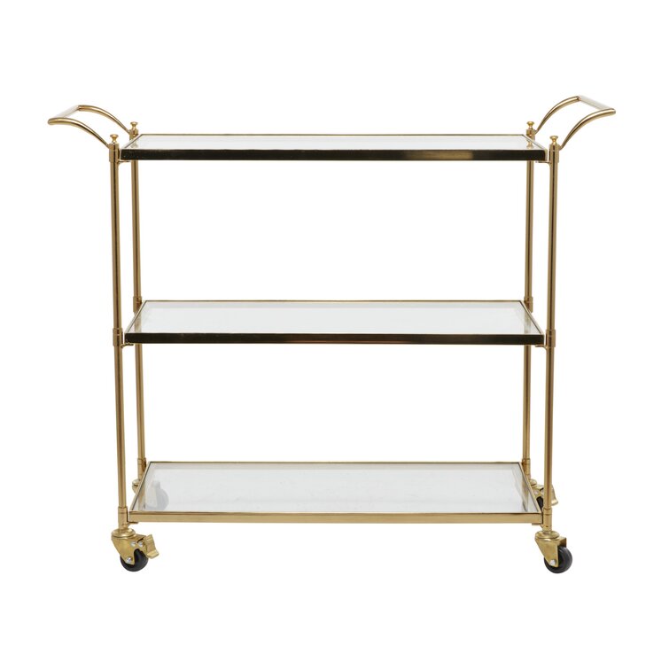 Retro Glam Bar Cart White Marble Shelves Gold Metal Stand Locking Caster Wheels