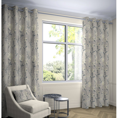 Precita Blackout Eyelet Thermal Curtains Fleur De Lis Living Colour: Soft Grey, Panel Size: Width 116 W x Drop 228 cm, Light Filtration/Thermal: Room