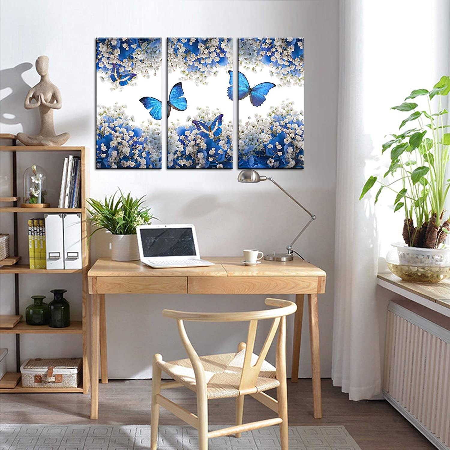 Blue Butterfly and Flowers Wall Art Print Set of 3 Wall Art Floral Blue Floral Prints