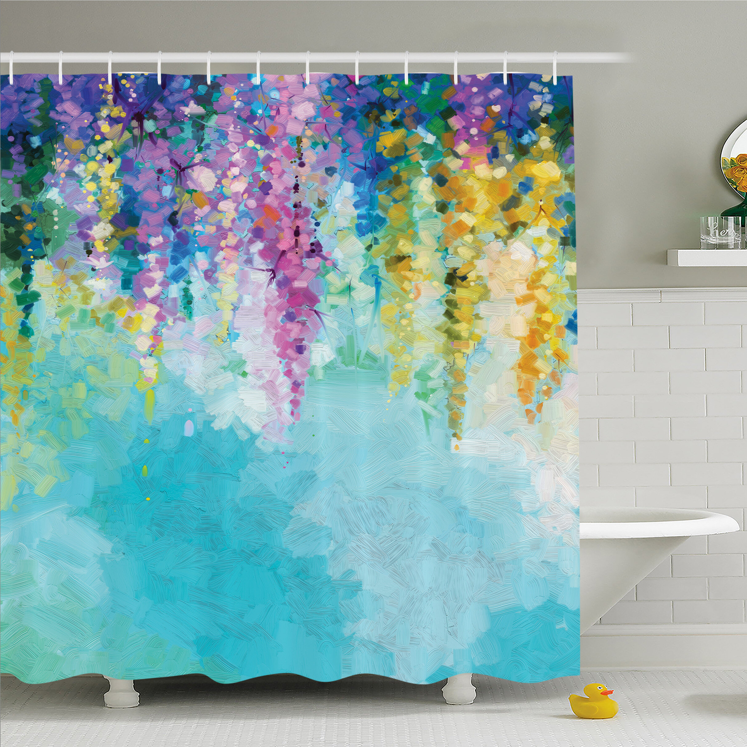 Flower Bath Shower Curtain Set Abstract Watercolor Floral Toilet Cover Mat Rug 