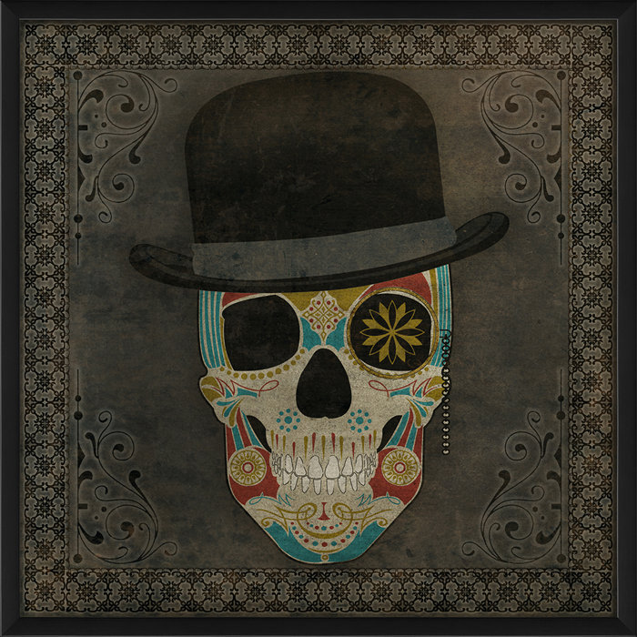 Sugar Skull With Hat Framed Graphic Art In Red And Blue
