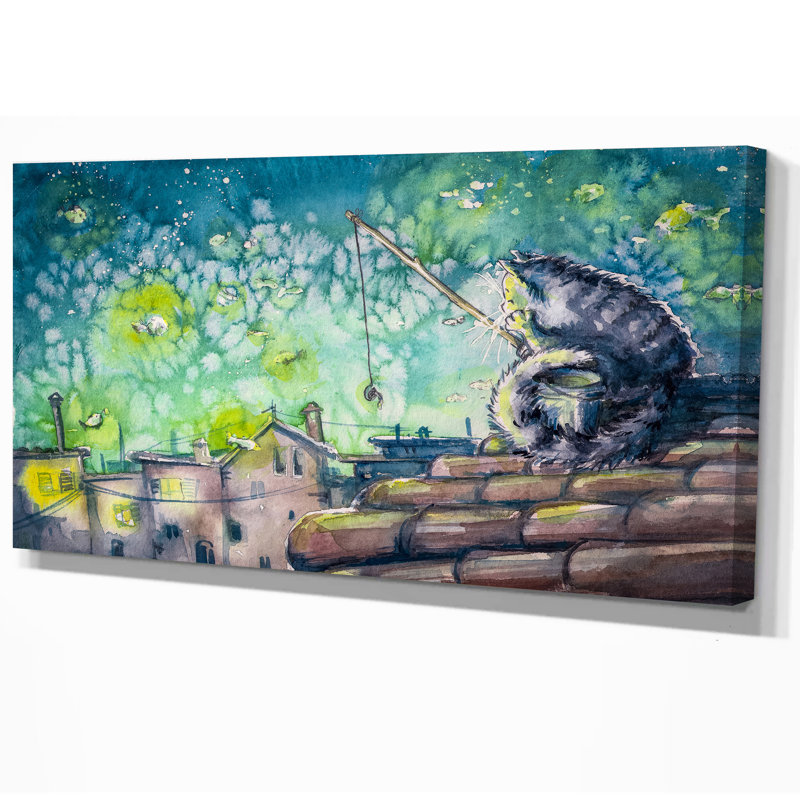 East Urban Home Cat Fishing In Night City Oil Painting Print On