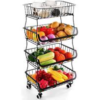 Kitchen Vegetable Storage Basket Metal Wire Fruit Rack Trolley with Wheel 2 Tier 