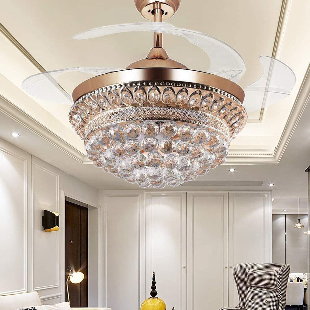 42'' Luxury Invisible Ceiling Fan Light Crystal Chandelier LED 3 Color Variation 