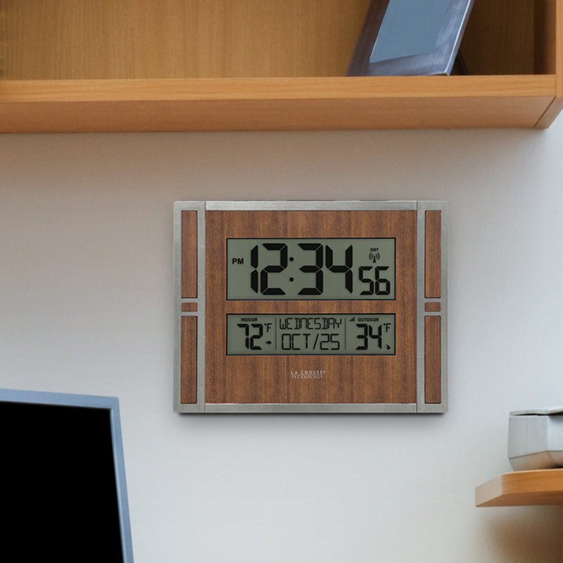 LA Crosse Technology Wood Accent Atomic Digital Wall Clock with in//Outdoor Temperature in White
