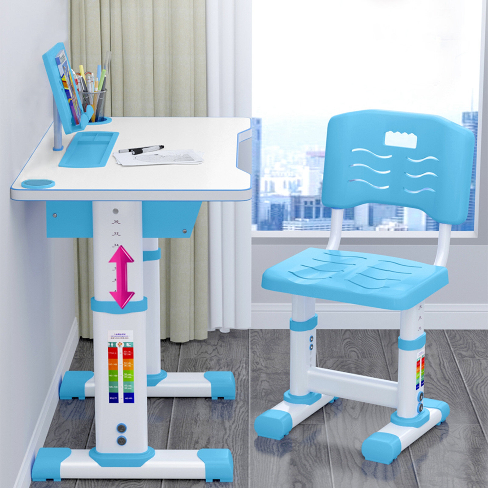 Blue Kids Desk and Chair Set,Height Adjustable Children Study Desk Table Chair Set Bookstand with Spacious Storage Drawer Pen Container