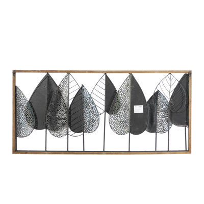 Wood Cutout Leaf Home Wall Decor with Green and Black Metal Wire Accents