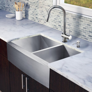 VIGO 33 inch Farmhouse Apron 60/40 Double Bowl 16 Gauge Stainless Steel Kitchen Sink with Gramercy Stainless Steel Faucet,...