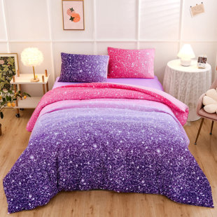 Decor Pillows Sham 68'X86' Twin Size Purple Floral 5pcs Comforter Set w/Ruffle 
