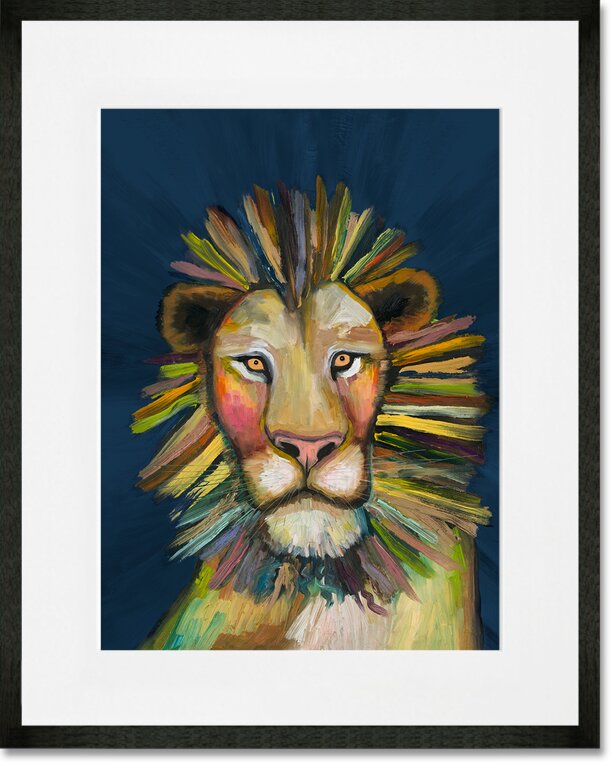 'Wild Lion On Blue' Framed Acrylic Painting Print