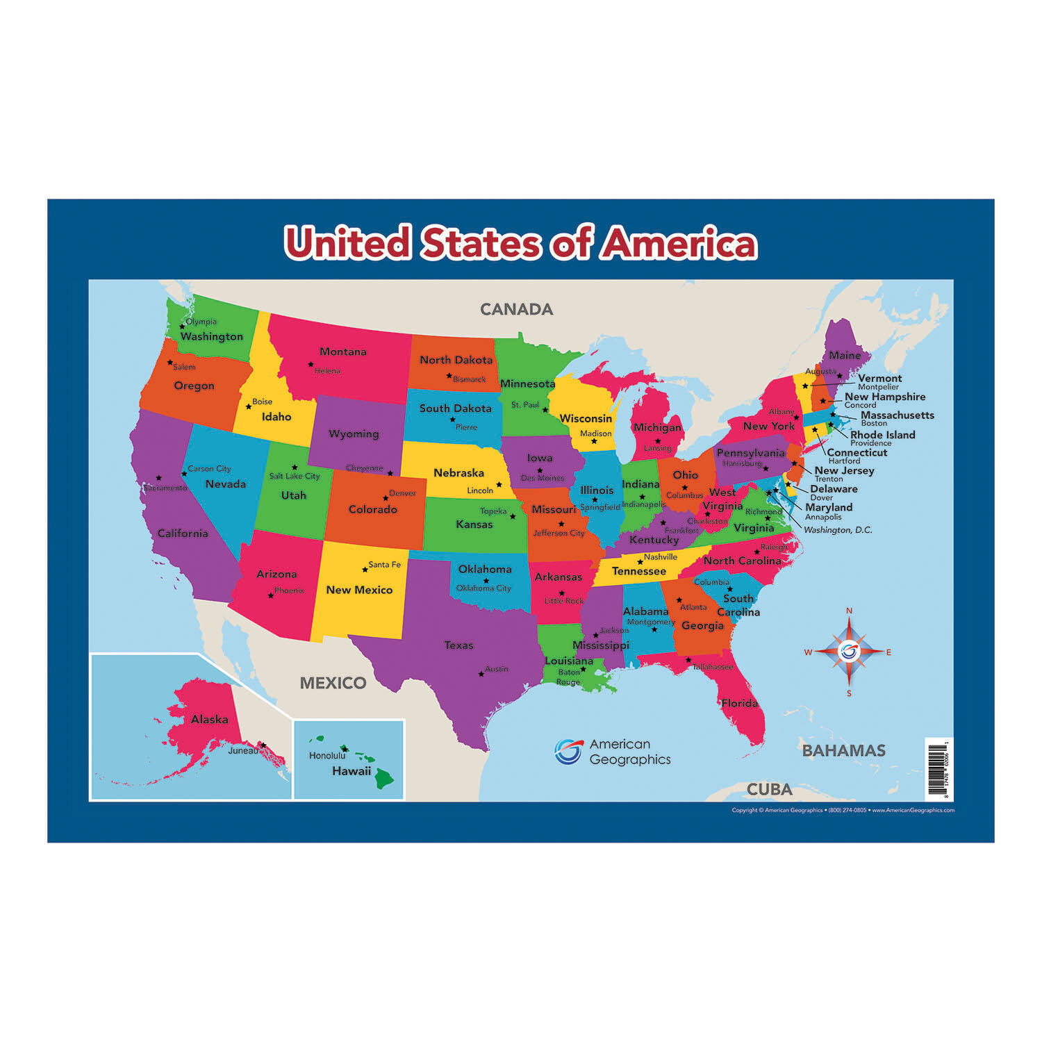 Wall Chart Map of The United States of America Laminated USA Map 18" x 29" 
